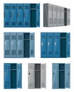 Metal cabinets lockers, school changing room steel cupboard. Isolated grey storage boxes with open and closed doors