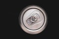 Metal can of soda with water drops on black background. Top view of a aluminum can beer. Metallic container of drink, beverage. Royalty Free Stock Photo
