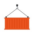 Metal cargo container hanging on chain