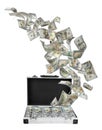 Metal case and American dollars on background. Flying money Royalty Free Stock Photo