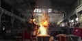 Metal cast process in blast furnace in metallurgical plant or factory. Liquid iron molten metal pouring in container Royalty Free Stock Photo