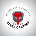 Metal casting, logo or emblem. Cast iron ladle and outflowing molten metal.