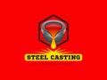 Metal casting logo or emblem on a red background. Cast iron ladle and outflowing molten metal.