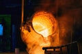 Metal Casting process in Foundry, Molten Iron pours from ladle to Blast Furnace