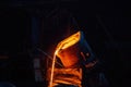 Metal casting process in metallurgical plant.Liquid metal pouring into molds Royalty Free Stock Photo