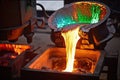 metal casting process in progress, with molten metal being poured into a mold Royalty Free Stock Photo