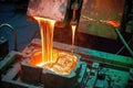 metal casting process in progress, with molten metal being poured into a mold