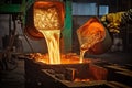 metal casting process in progress, with molten metal being poured into a mold