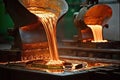 metal casting process in progress, with molten metal being poured into a mold Royalty Free Stock Photo