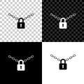 Metal chain and lock icon isolated on black, white and transparent background. Padlock and steel chain. Vector