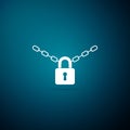 Metal chain and lock icon isolated on blue background. Padlock and steel chain