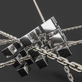 Metal chains and cubes background, 3d rendering