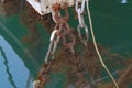 The metal chains on the pier with fishing boats are more rusted from moisture. Close-up of rusty metal fasteners Royalty Free Stock Photo