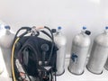 Metal chrome aluminum gas cylinders for breathing underwater, diving with valves, reducers and a suit for diving with hoses and je