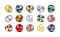 Metal chrome circle badge set. Vector Metallic rose gold, bronze, silver, steel, holographic rainbow, golden buttons Royalty Free Stock Photo