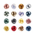 Metal chrome circle buttons with numbers set. Vector Metallic rose gold, bronze, silver, steel, holographic rainbow, golden badge Royalty Free Stock Photo