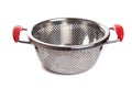 metal chrome colander with red handles on a white isolated background