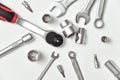 Metal chrome horn and socket wrenches with adapters, bits, wrenches and ratchet for repairs Royalty Free Stock Photo