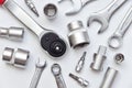 Metal chrome horn and socket wrenches with adapters, bits, wrenches and ratchet for repairs above view Royalty Free Stock Photo