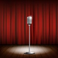 Metal chrome retro microphone on a stand. Scene with a red curtain. Stock vector illustration.