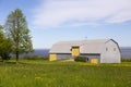 Metal-clad barn with yellow doors and window frames set in field covered in dandelion in bloom