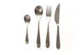 Metal classic and traditional silverware, knife, fork, spoon, tea spoon on white background. Top view