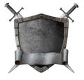 Metal classical shield with crossed swords and motto scroll isolated 3d illustration