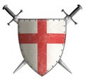 Metal classical shield with red cross and swords 3d illustration Royalty Free Stock Photo