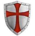 Metal classical shield with red cross 3d illustration