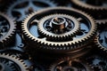 Metal cogs intricately crafted, closeup 3D illustration, epitome of precision