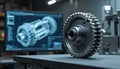 Metal cogwheel on table background shows digital blueprint on computer screen. Engineering workshop setting implies precision Royalty Free Stock Photo