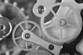 Metal Cogwheels, Black and white Macro Photo. Royalty Free Stock Photo