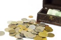 Metal coins with banknotes in the box isolated Royalty Free Stock Photo