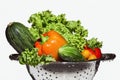 A metal colander with colorful vegetables on white and copy space. Royalty Free Stock Photo