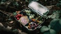 A reusable metal lunchbox filled with lots of different types of food. AI generative image.