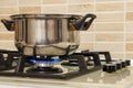 Metal cooking pot standing on kitchen stove with flame.