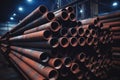 Metal copper pipes rusty dirty brown metallic tube stack production line industry pipeline construction site factory Royalty Free Stock Photo