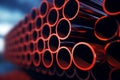 Metal copper pipes rusty dirty brown metallic tube stack production line industry pipeline construction site factory Royalty Free Stock Photo