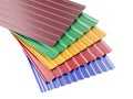 Metal corrugated roof sheets stack, with various colors.