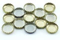 Metal cover from glass bottles. Decorative beer caps on white background.