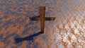 Metal cross on a rusted corroded metal or steel sheet background. 3d illustration metaphor for God, Christ
