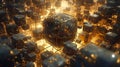 Metal cubes burning with golden flames in three-dimensional space. Generative AI