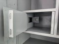 Metal cupboard open locker door steel almirah closeup grey Royalty Free Stock Photo