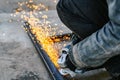 Metal cutting with an electric circular saw. Sparks fly in different directions. Blurred focus Royalty Free Stock Photo
