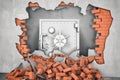 Metal damaged safety box standing near the hole in the wall with a pile of red bricks Royalty Free Stock Photo