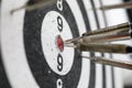 Metal darts sticking out in a dartboard target