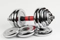 Metal demountable dumbbell with black plates and red handle isolated Royalty Free Stock Photo