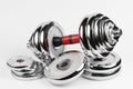 Metal demountable dumbbell with black plates and red handle isolated Royalty Free Stock Photo