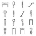 Metal detector alarm icons set, outline style