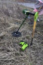 Metal detector in the field ready to work